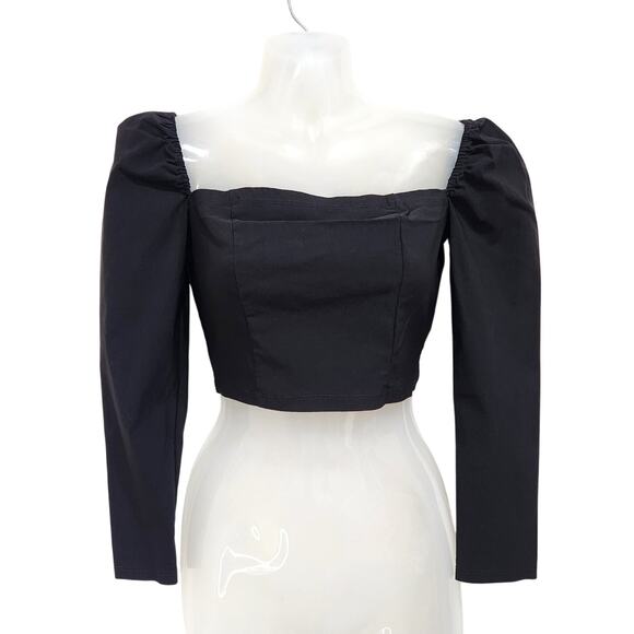 Urban Outfitters Bengaline Square Neck Cropped Top 3/4 Sleeve Black Size Small - Picture 1 of 8